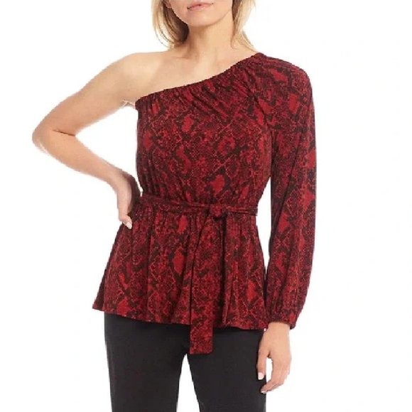 Michael Kors One Shoulder Blouse Python Snake Print Red & Black Ribbon Belt long - Picture 6 of 6